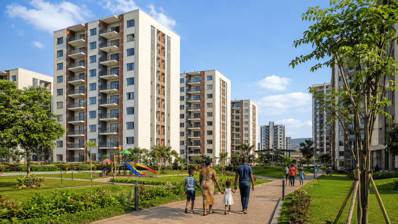 Organised affordable apartment community with green space and families walking