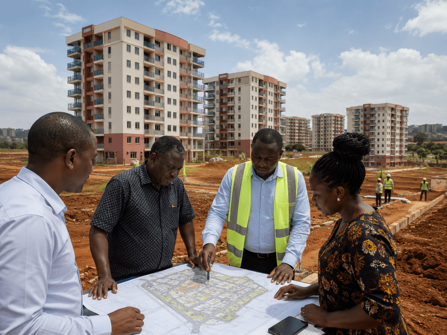 Landowner and project team reviewing a housing masterplan on a development site
